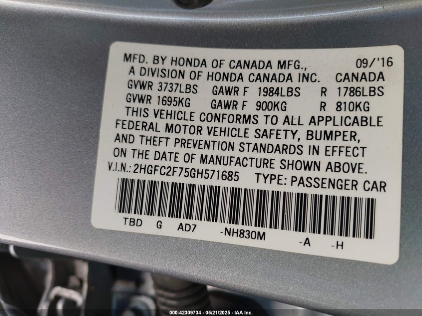 2016 HONDA CIVIC VIN: 2HGFC2F75GH571685