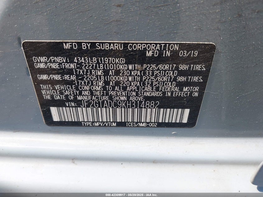 VIN JF2GTADC9KH314882 2019 SUBARU CROSSTREK 2.0I PREMIUM