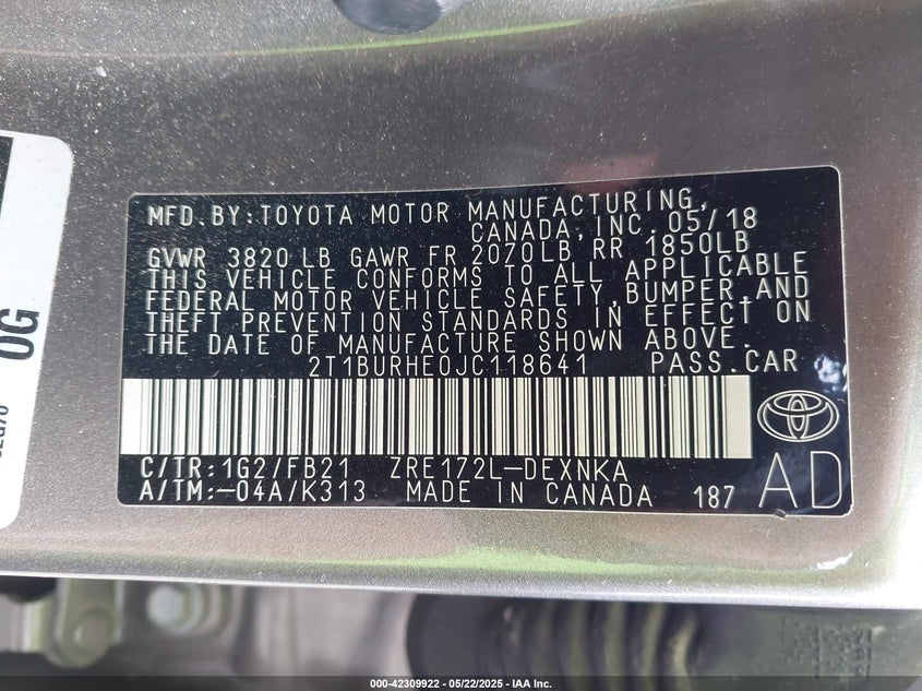 2018 TOYOTA COROLLA VIN: 2T1BURHE0JC118641