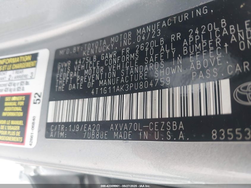 2023 Toyota Camry Se VIN: 4T1G11AK3PU804759 Lot: 42309961