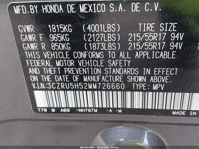 2021 HONDA HR-V 2WD EX - 3CZRU5H52MM726660
