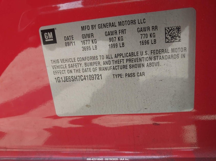 2012 CHEVROLET SONIC VIN: 1G1JE6SH7C4109721