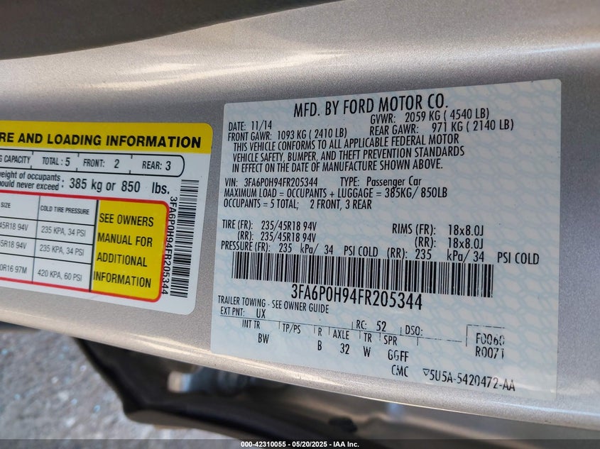 2015 FORD FUSION VIN: 3FA6P0H94FR205344