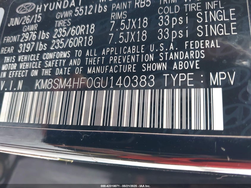 2016 HYUNDAI SANTA FE VIN: KM8SM4HF0GU140383