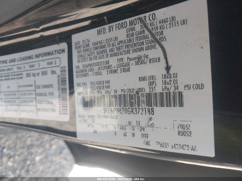 2016 FORD FUSION VIN: 3FA6P0H70GR373188