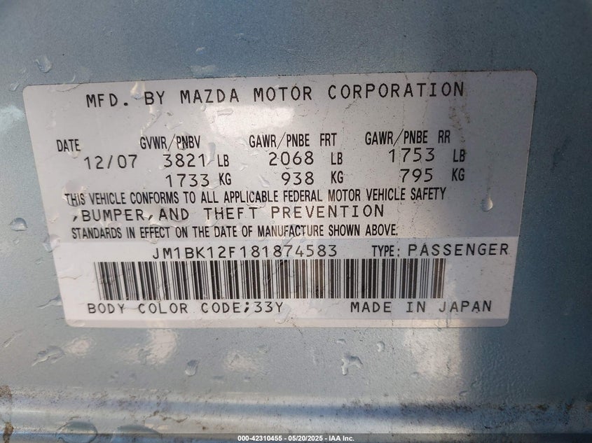2008 MAZDA 3 VIN: JM1BK12F181874583