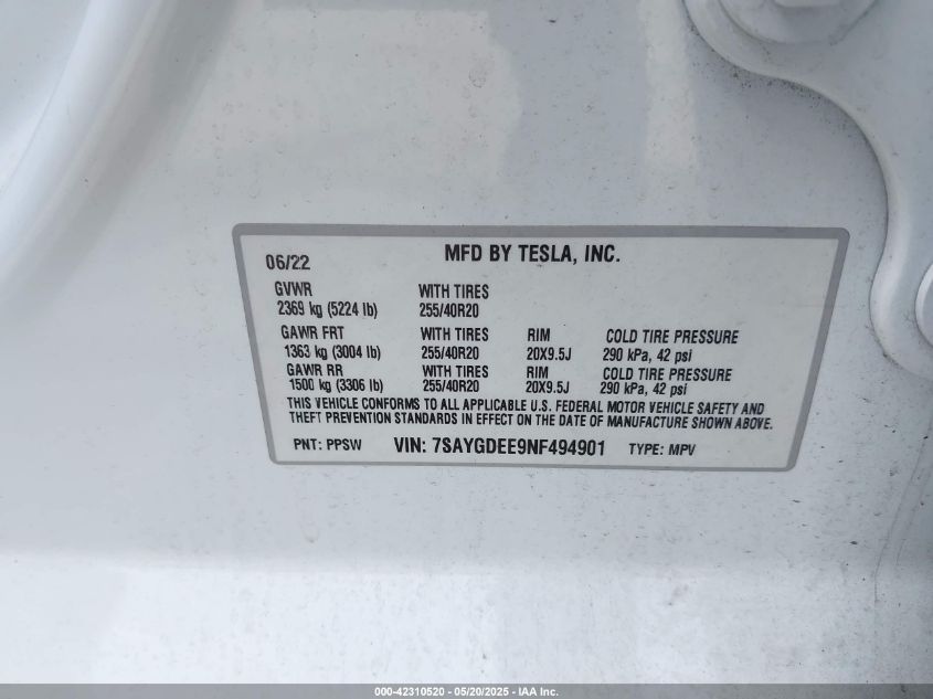 2022 Tesla Model Y Long Range Dual Motor All-Wheel Drive VIN: 7SAYGDEE9NF494901 Lot: 42310520
