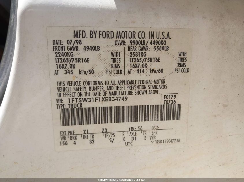 1999 Ford F-350 Lariat/Xl/Xlt VIN: 1FTSW31F1XEB34749 Lot: 42310559