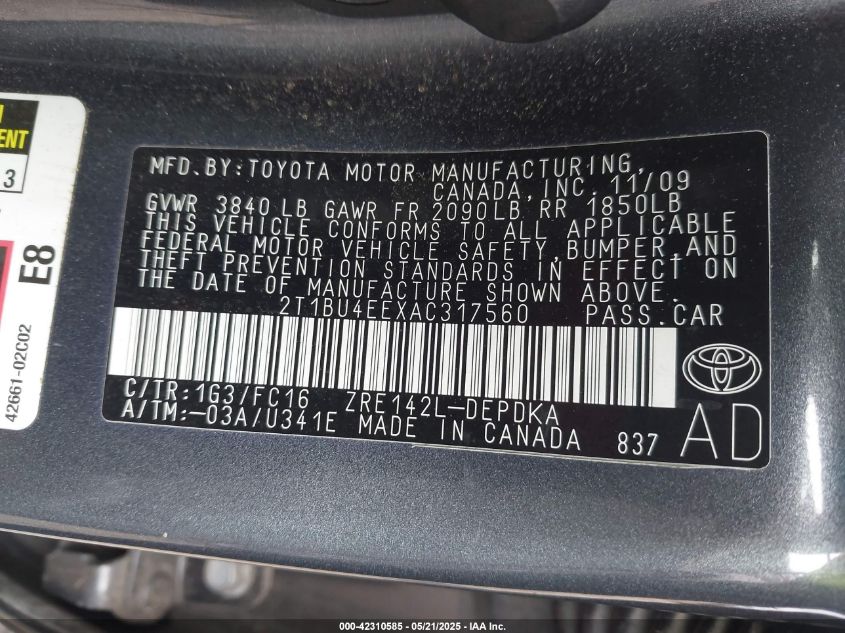 2010 Toyota Corolla Le VIN: 2T1BU4EEXAC317560 Lot: 42310585