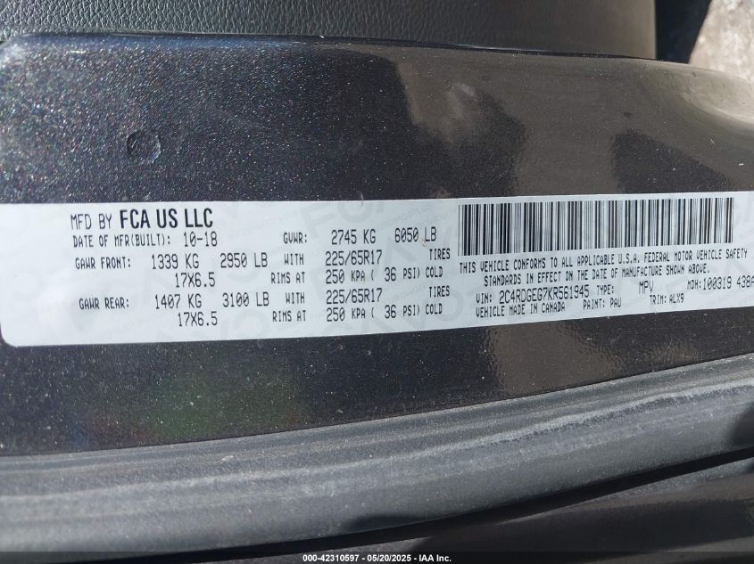 2019 Dodge Grand Caravan Gt VIN: 2C4RDGEG7KR561945 Lot: 42310597