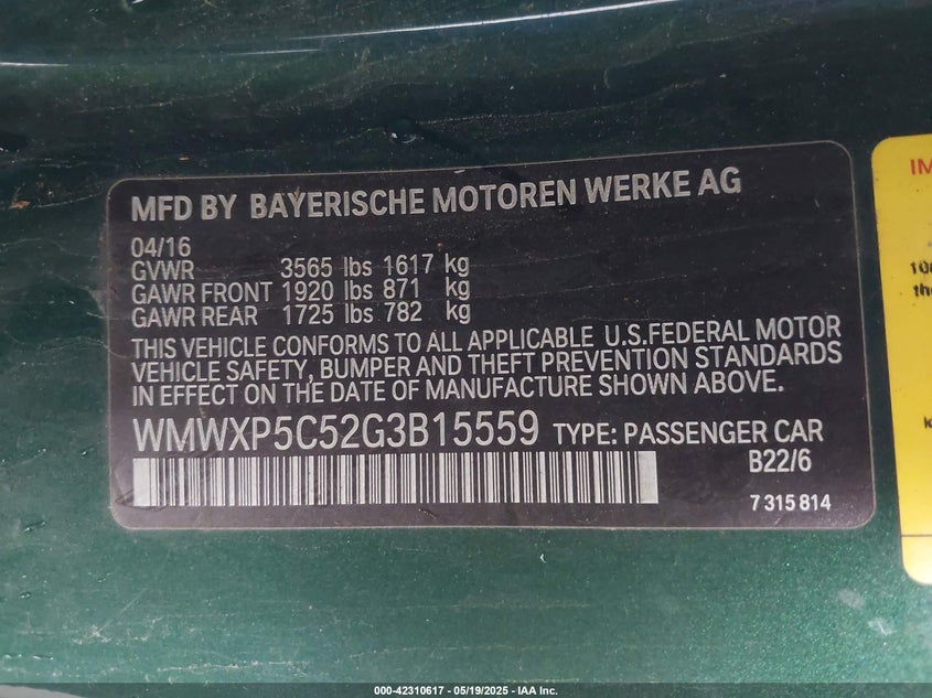 2016 MINI HARDTOP VIN: WMWXP5C52G3B15559