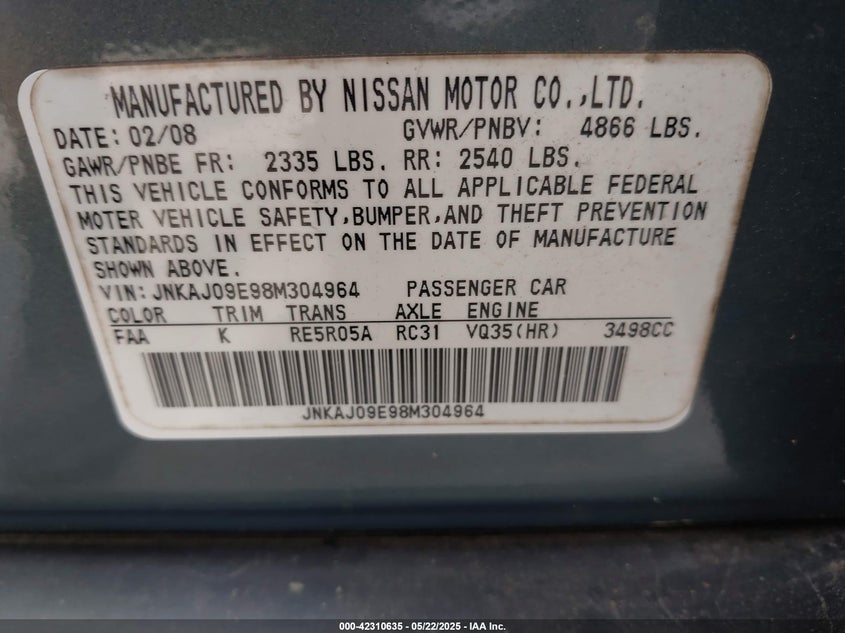 2008 INFINITI EX35 VIN: JNKAJ09E98M304964