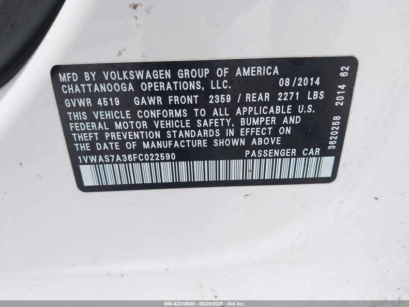 2015 VOLKSWAGEN PASSAT VIN: 1VWAS7A36FC022590