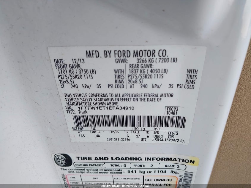 2014 FORD F-150 VIN: 1FTFW1ET1EFA34910