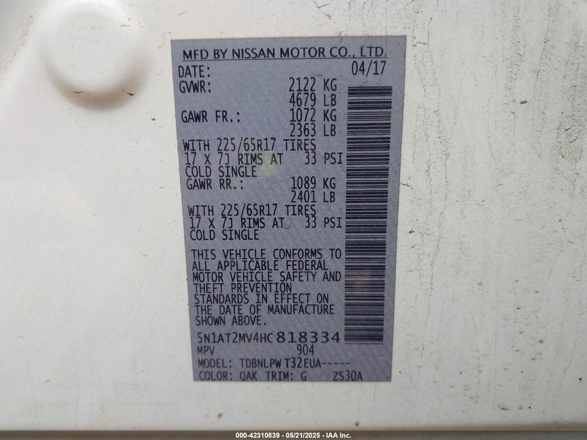 2017 NISSAN ROGUE S - 5N1AT2MV4HC818334