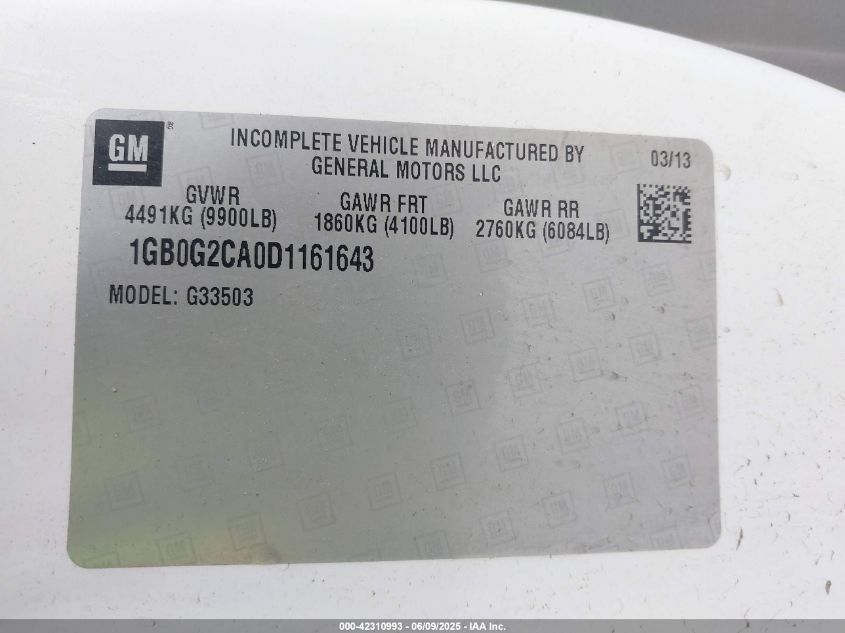 2013 Chevrolet Express Cutaway 3500 VIN: 1GB0G2CA0D1161643 Lot: 42310993