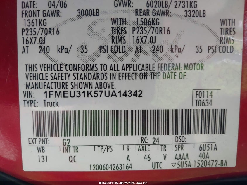 2007 FORD EXPLORER SPORT TRAC VIN: 1FMEU31K57UA14342