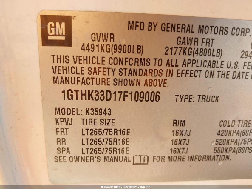 2007 GMC Sierra 3500 Classic Work Truck VIN: 1GTHK33D17F109006 Lot: 42311039