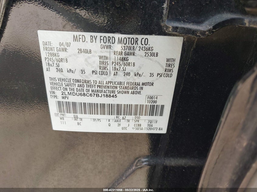 2007 LINCOLN MKX VIN: 2LMDU68C67BJ18845