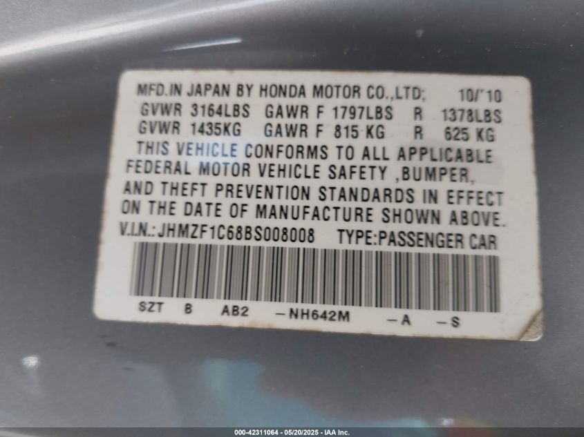 2011 Honda Cr-Z Ex VIN: JHMZF1C68BS00800 Lot: 42311064