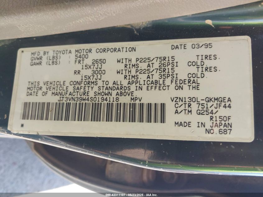 1995 Toyota 4Runner Vn39 Sr5 VIN: JT3VN39W4S0194118 Lot: 42311107