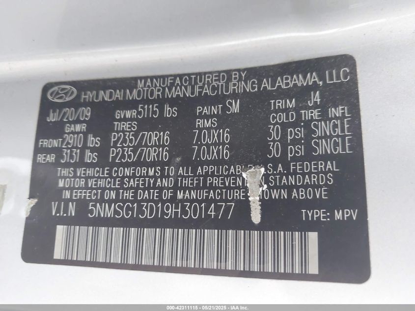 2009 Hyundai Santa Fe Gls VIN: 5NMSG13D19H301477 Lot: 42311115