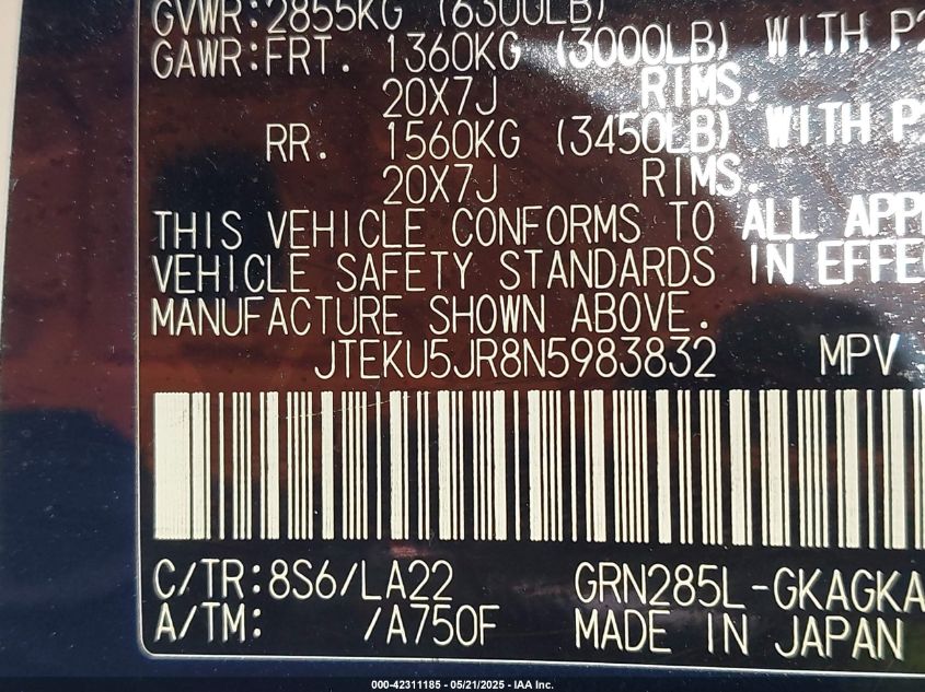 2022 Toyota 4Runner Limited VIN: JTEKU5JR8N5983832 Lot: 42311185