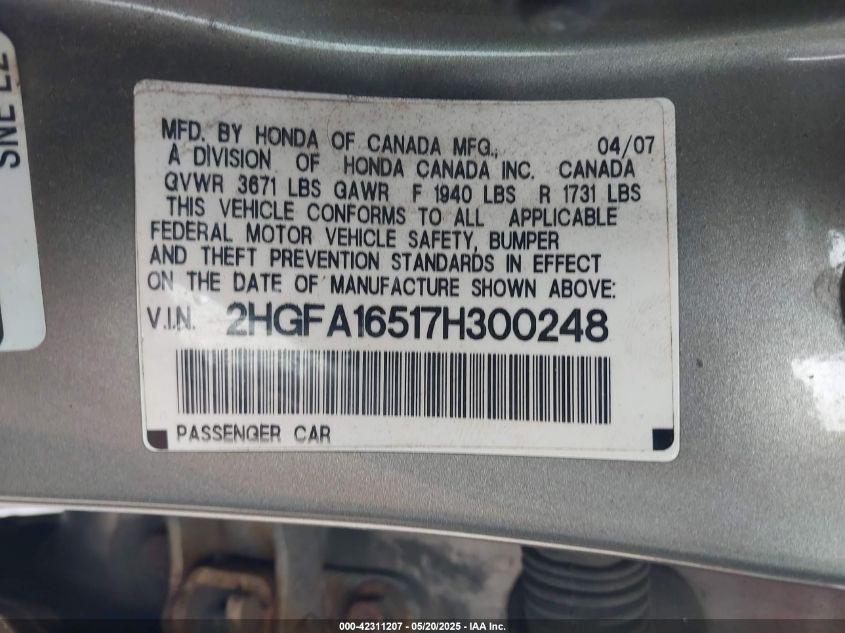 2007 Honda Civic Lx VIN: 2HGFA16517H300248 Lot: 42311207