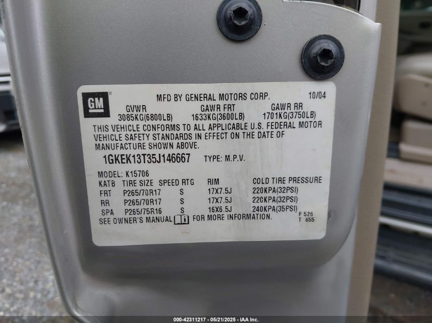 2005 GMC Yukon Slt VIN: 1GKEK13T35J146667 Lot: 42311217