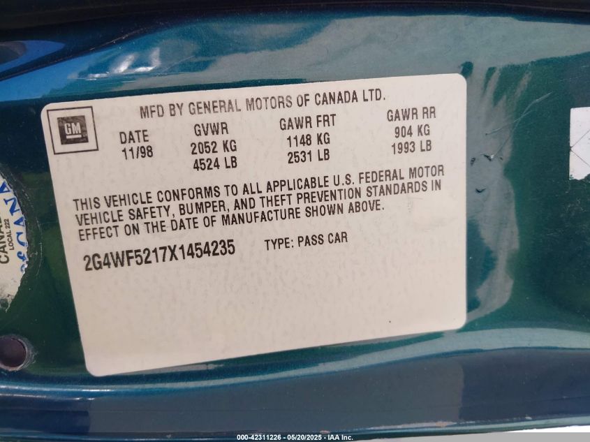 1999 Buick Regal Gs VIN: 2G4WF5217X1454235 Lot: 42311226