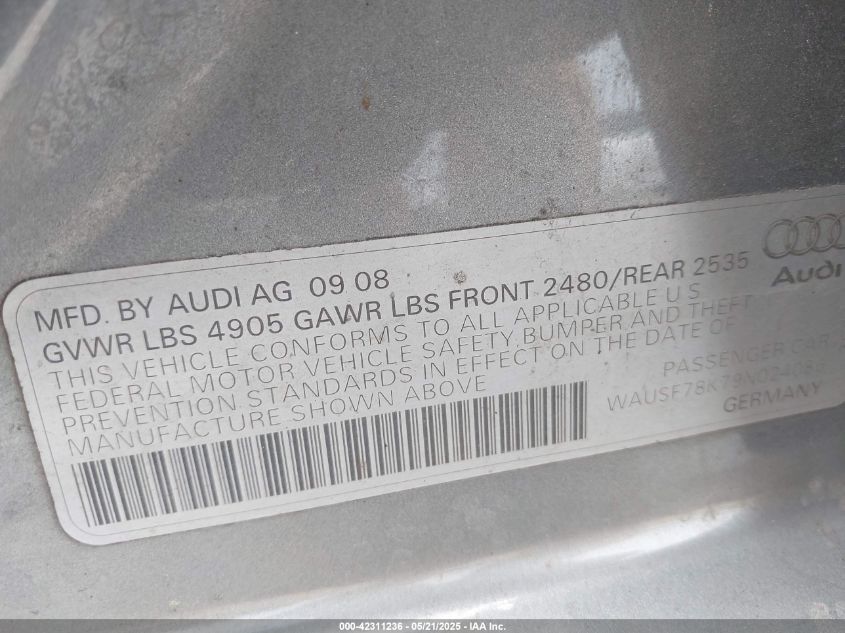 2009 Audi A4 2.0T Prem Plus/2.0T Premium VIN: WAUSF78K79N024086 Lot: 42311236