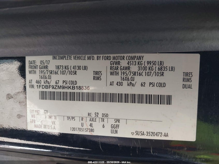 VIN 1FDBF9ZM9HKB18836 2017 FORD TRANSIT-350 CAB