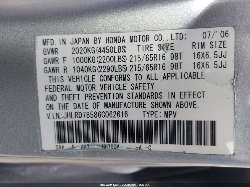2006 HONDA CR-V VIN: JHLRD78586C062616