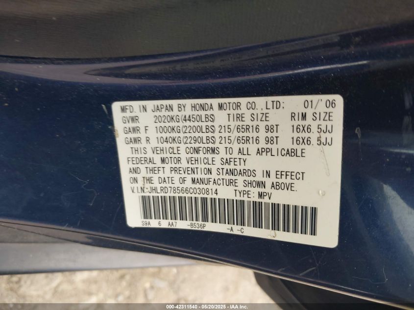 2006 Honda Cr-V Lx VIN: JHLRD78566C030814 Lot: 42311540