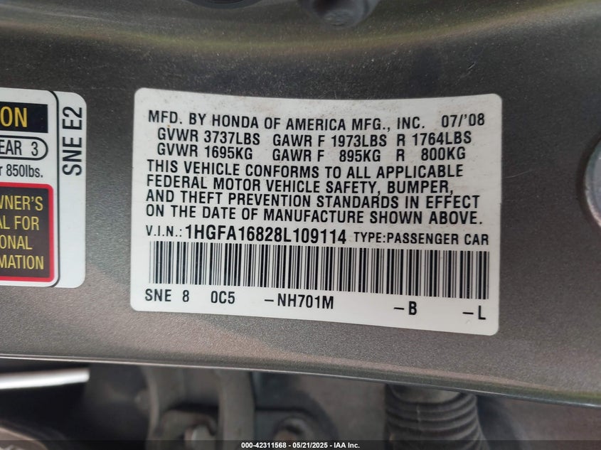 2008 HONDA CIVIC VIN: 1HGFA16828L109114