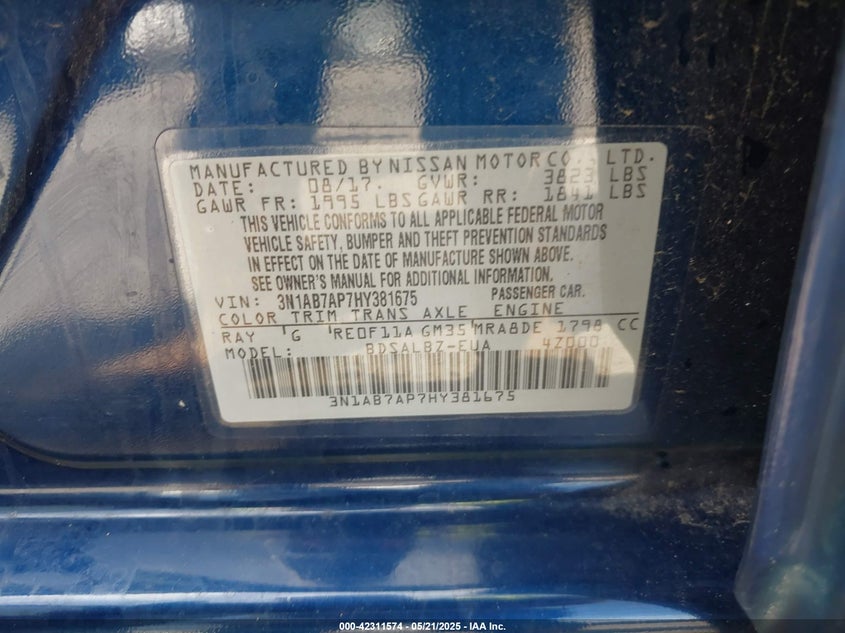 2017 NISSAN SENTRA VIN: 3N1AB7AP7HY381675
