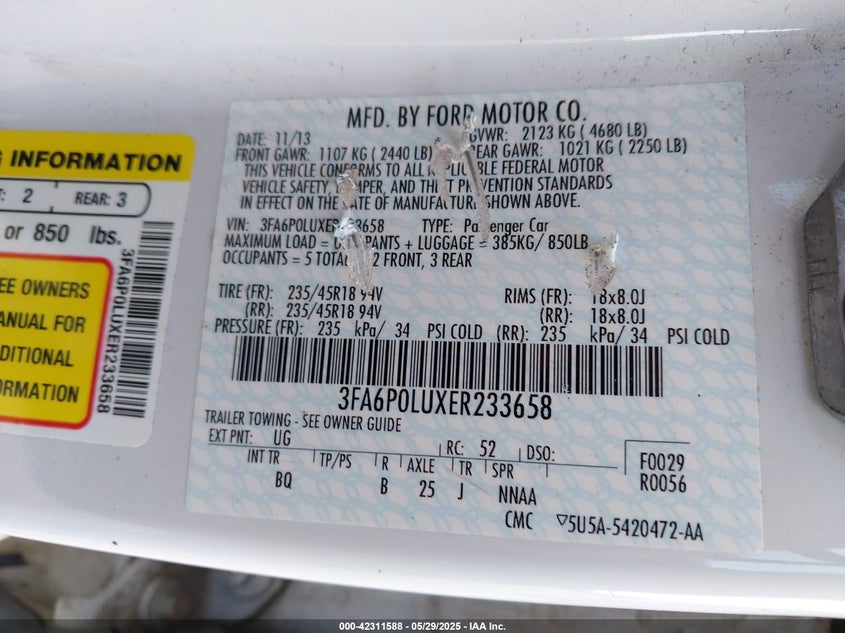 2014 FORD FUSION HYBRID VIN: 3FA6P0LUXER233658
