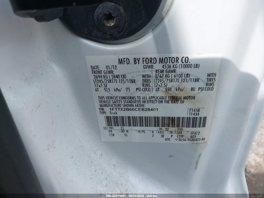 2012 FORD F-250 VIN: 1FT7X2B60CEB28401
