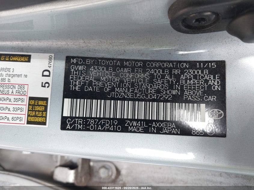 2016 TOYOTA PRIUS V VIN: JTDZN3EU5GJ047292