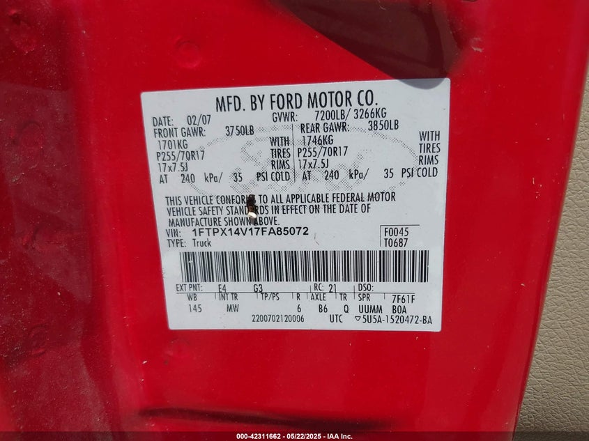 2007 FORD F150 VIN: 1FTPX14V17FA85072