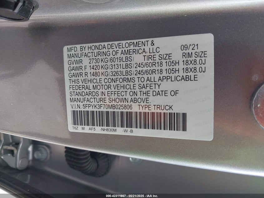 2021 HONDA RIDGELINE RTL-E - 5FPYK3F70MB025806