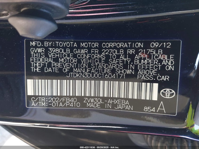 2012 TOYOTA PRIUS VIN: JTDKN3DU0C1604171