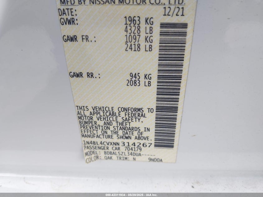 2022 NISSAN ALTIMA VIN: 1N4BL4CVXNN314267
