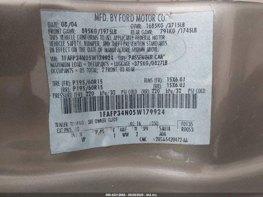 2005 Ford Focus Zx4 VIN: 1FAFP34N05W179924 Lot: 42312068