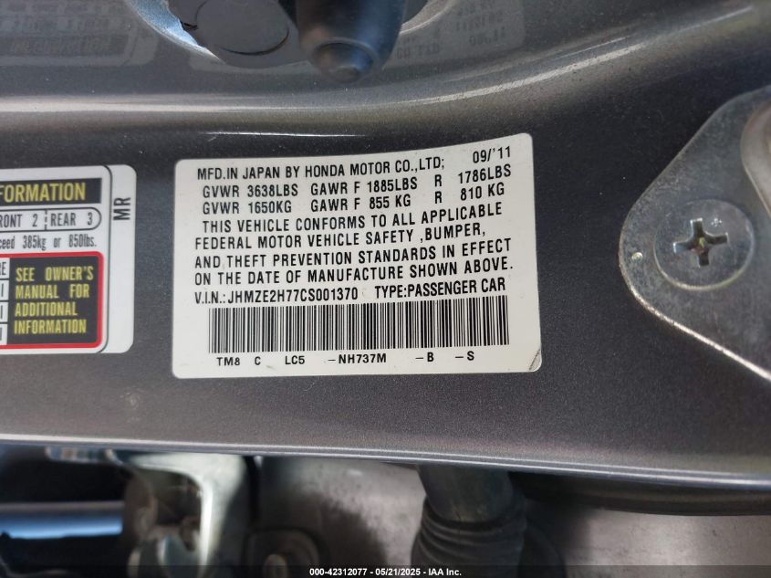 2012 Honda Insight Ex VIN: JHMZE2H77CS001370 Lot: 42312077