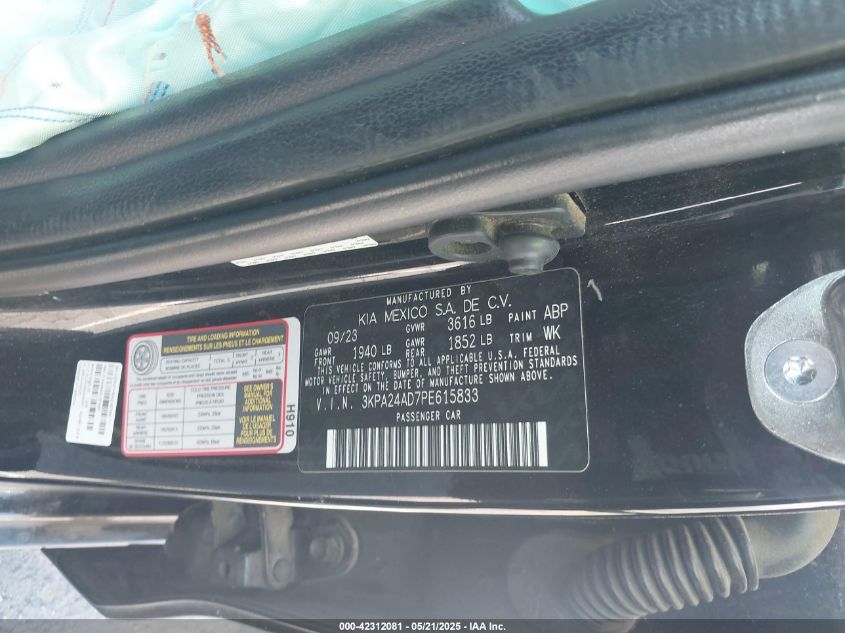 2023 Kia Rio S VIN: 3KPA24AD7PE615833 Lot: 42312081