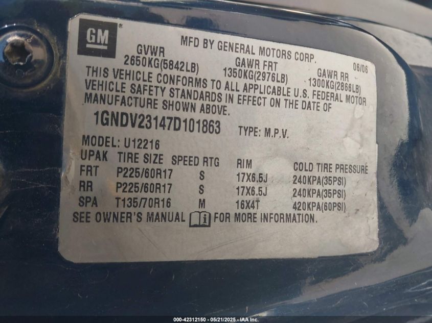 2006 Buick Terraza Cx VIN: 5GADX23L46136147 Lot: 42312150