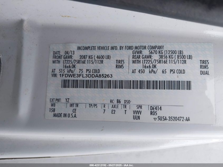2013 Ford E-350 Cutaway VIN: 1FDWE3FL3DDA85263 Lot: 42312192