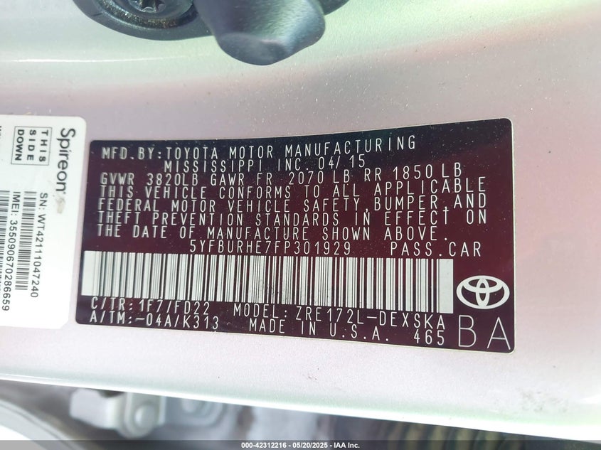 2015 TOYOTA COROLLA L/LE/LE PLS/PRM/S/S PLS - 5YFBURHE7FP301929