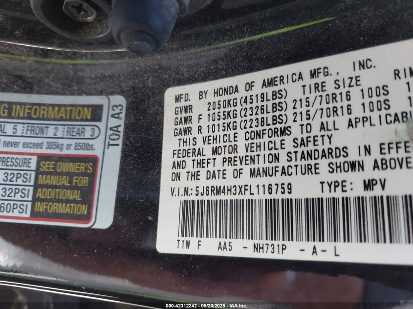 2015 HONDA CR-V LX - 5J6RM4H3XFL116759